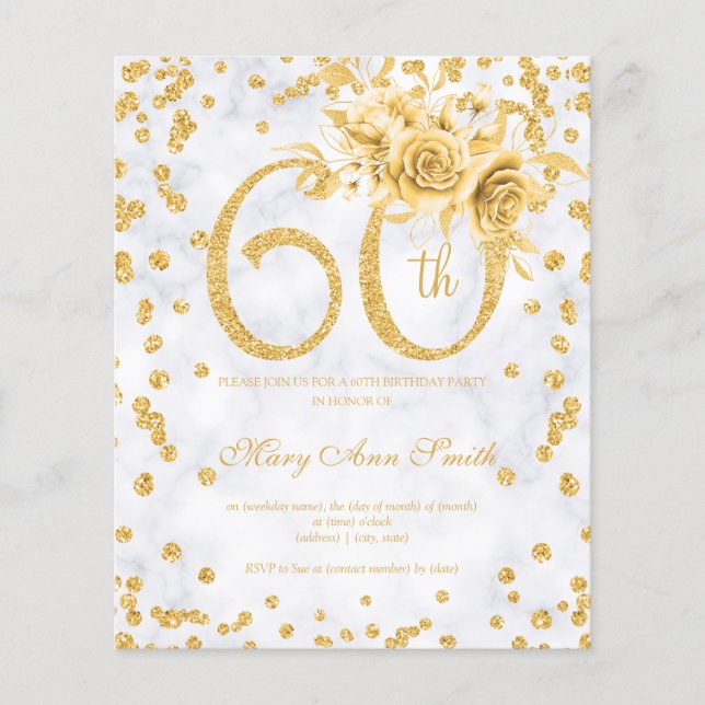 Flyer Dourado Floral 60º Aniversário Convite para Mármor (Frente)
