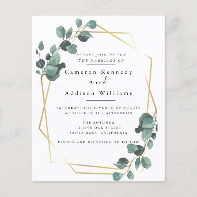 Flyer Dourado Geométrico, Casamento Eucalyptus Greenery (Frente)