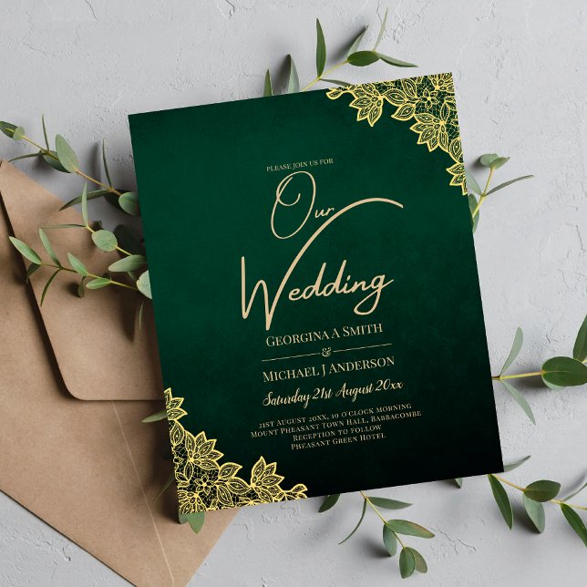 Flyer Dourado Lace Emerald Green All-in-1 Convite de cas (Criador carregado)