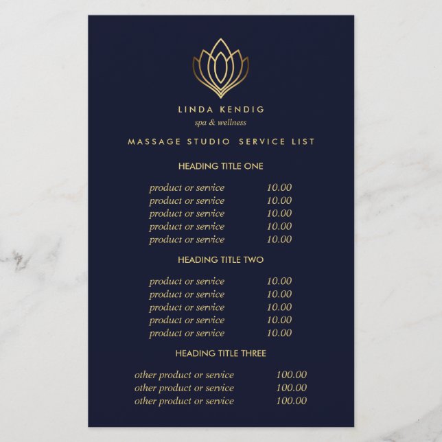 Flyer Dourado Lotus Blue Spa e serviços de preços e mass (Frente)