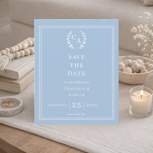 Flyer Dusty blue monogram budget wedding Save the Date (Criador carregado)