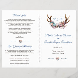 Flyer Dusty Blue Pink Floral Antlers Weding Program
