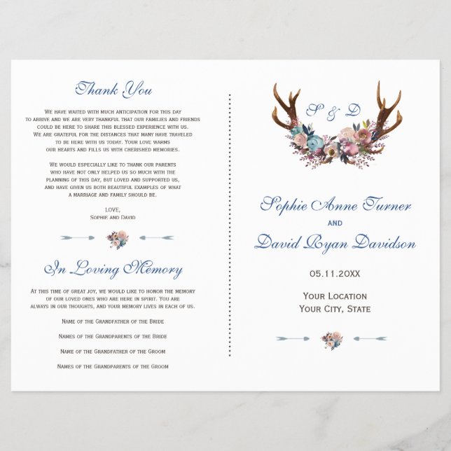 Flyer Dusty Blue Pink Floral Antlers Weding Program (Frente)