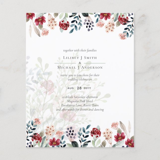 Flyer Dusty Rosa Burgundy Casamento Floral (Frente)