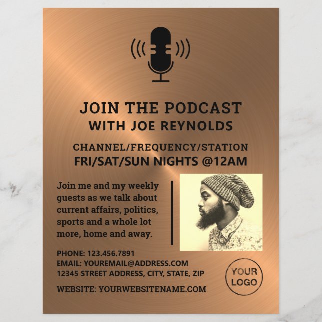 Flyer Efeito de metal Dourado rosa, Podcaster, Podcast (Frente)