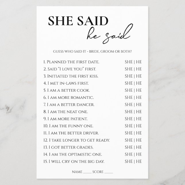 Flyer Ela disse que ele disse jogo de Chá de panela (Frente)