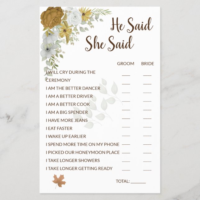 Flyer Ele Disse Ela Disse Jogo de Chá de Noiva Boho Outo (Frente)