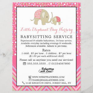 Flyer Elefante de Boho Rosa, Babysitter, creche, Nursery