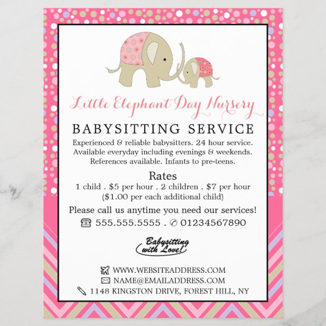 Flyer Elefante de Boho Rosa, Babysitter, creche, Nursery (Frente)