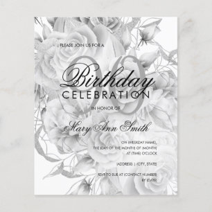 Flyer Elegant 90th Birthday Floral Silver White Invite