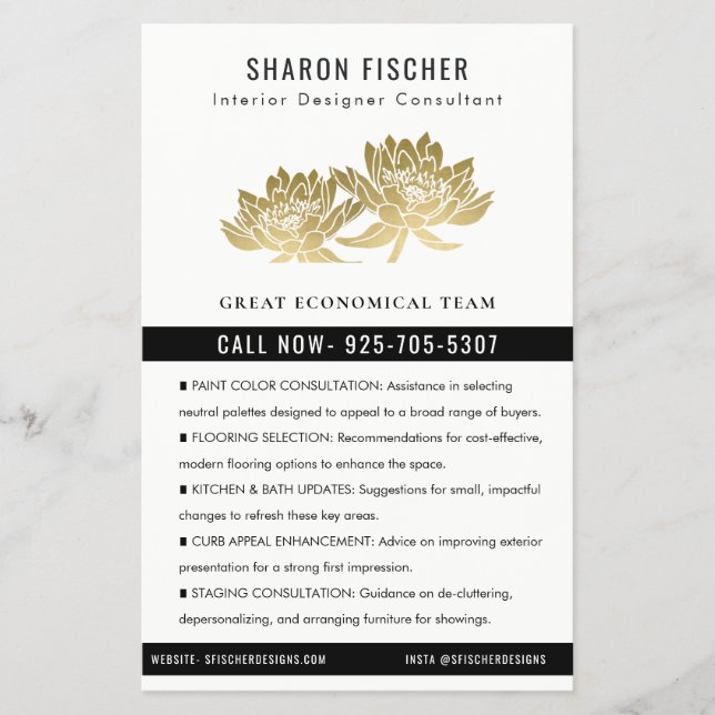 Flyer Elegant Formal Faux Gold Lotus Floral Business (Frente)