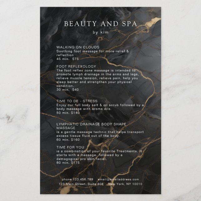 Flyer Elegant Marble Black-Gold Salon QR Code Pricelist (Frente)