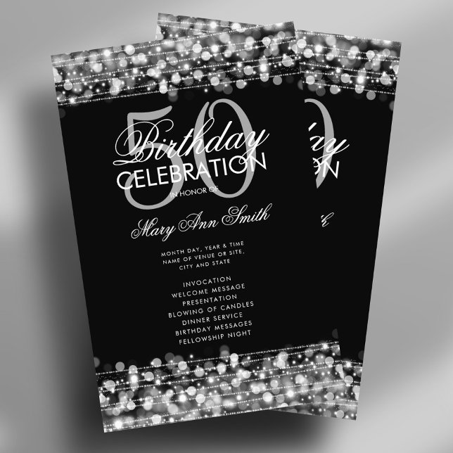 Flyer Elegante 50º Programa de Festa de aniversário Prat (Elegant 50th Birthday Party Program Silver w/ Menu Flyer)
