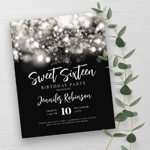 Flyer Elegante Budget Silver Sparkle Sweet 16 Convite