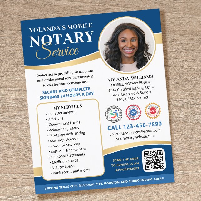 Flyer Elegante Código QR Azul de Notário Público Móvel E (Criador carregado)