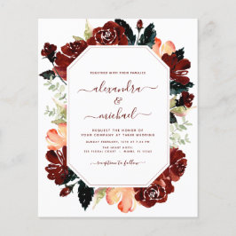 Flyer Elegante de Casamento Floral Azul Marinho Borgonha