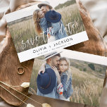 Flyer Elegante de Orçamento Salve a Data Duas Fotografia<br><div class="desc">Foto moderna e elegante do orçamento Salve o Cartão de Casamento de Data. O cartão de convite para salvar data inclui tipografia branca e chic e design simples em um fundo branco ao qual você pode adicionar sua fotografia personalizada de noivado.</div>
