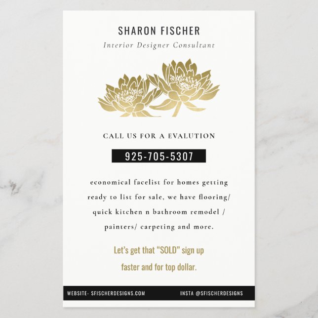Flyer Elegante Faux Dourado Lotus Floral Business (Frente)