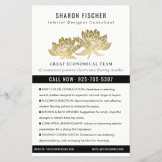 Flyer Elegante Formal Falso Dourado Floral Lótus Negócio