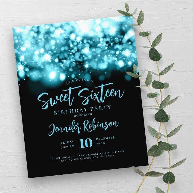 Flyer Elegante Orçamento Turquesa Spark Sweet 16 Convite (Elegant Budget Turquoise Spark Sweet 16 Invite Flyer)