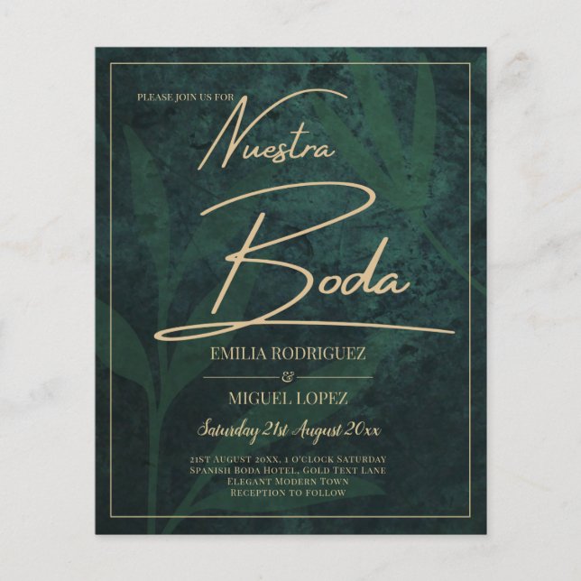 Flyer Elegante Ouro Verde Espanhol BODA QR Code RSVP (Frente)