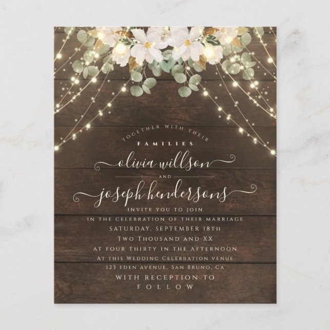 Flyer Elegante Rustic Wood Florales Lights Casamento de  (Frente)