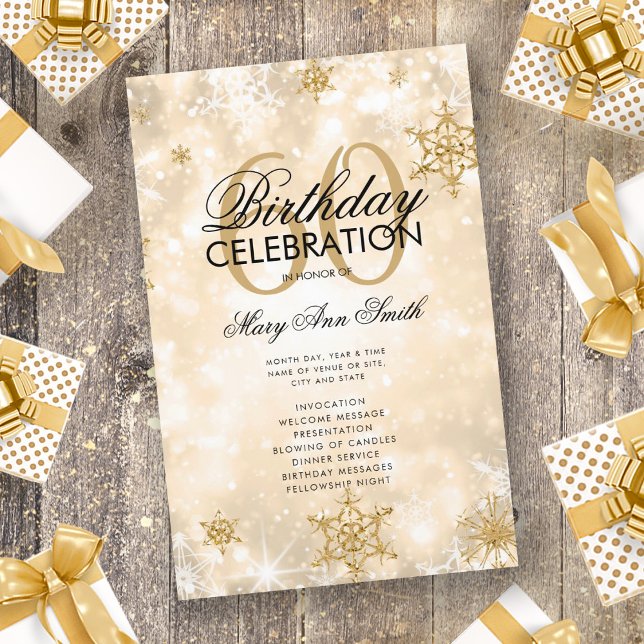Flyer Elegante Winter 60th Birthday Program Dourado com  (Criador carregado)