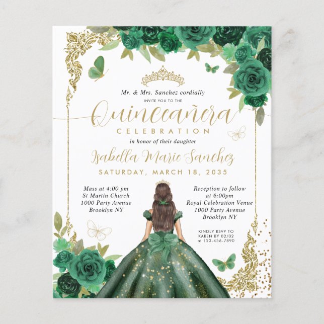 Flyer Emerald Green Dourada Princesa Quinceañera (Frente)