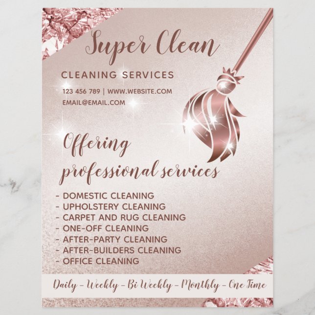 Flyer Empregada Limpeza Casa Brilhante Rosa Dourado (Frente)