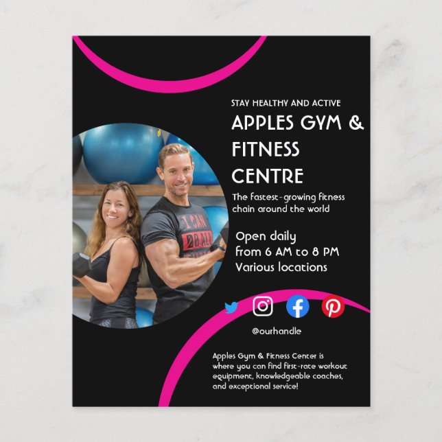 Flyer Empresa de Treinador Pessoal para Gym Preto e Rosa (Frente)