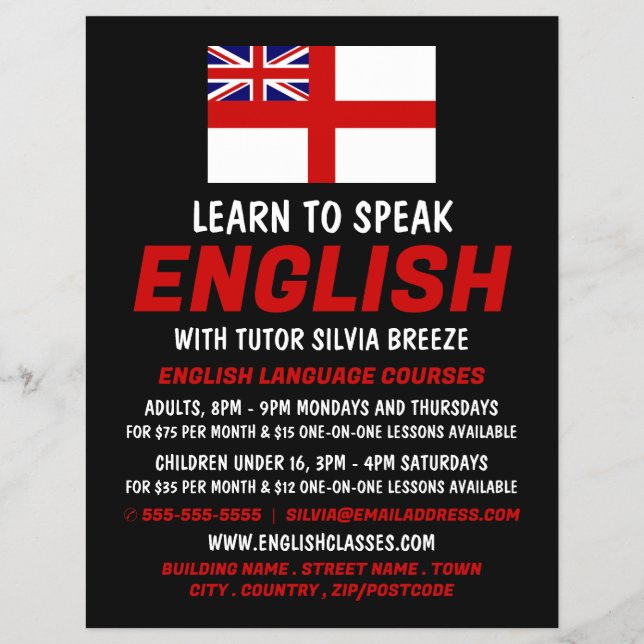 Flyer England UK Flag, English Language Course Advert (Frente)