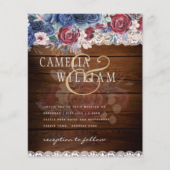 Flyer Eterno Rustic Blue Burgundy Floral Lace Casamento (Frente)