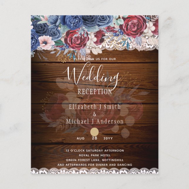 Flyer Eterno Rustic Blue Burgundy Floral Lace Casamento (Frente)