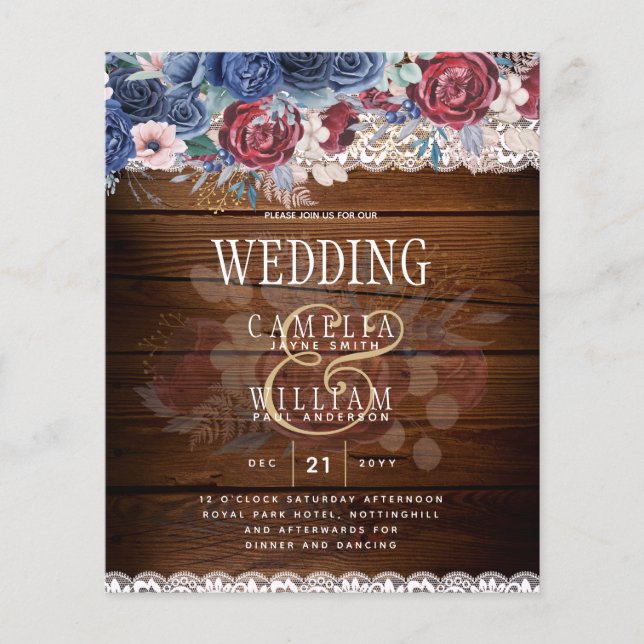 Flyer Eterno Rustic Blue Burgundy Floral Lace Casamento (Frente)