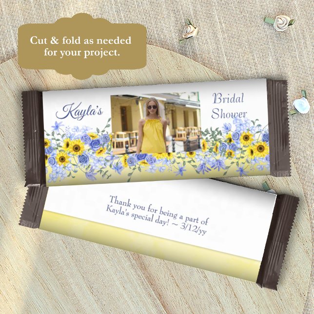 Flyer Etiqueta de Barra de Doce para Chá de Noiva Amarel (yellow sunflower and light blue bridal shower party favor, personalized candy bar wrapper label)