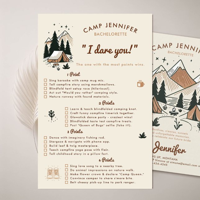 Flyer Eu Ouso-Te Ataque De Festa de solteira (camping bachelorette party game dare you camp bach earth colors beige brown)