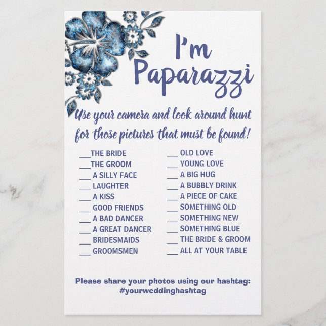 Flyer Eu sou paparazzi Game Card Blue Flower Wedding (Frente)