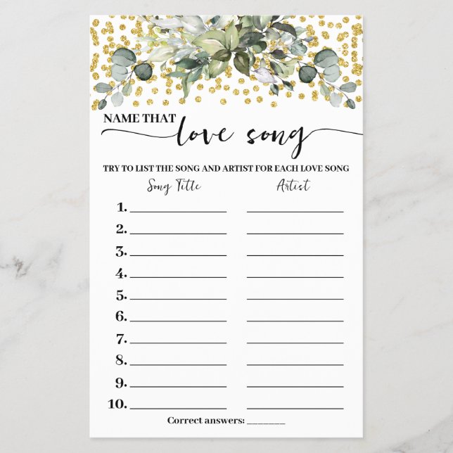 Flyer Eucalyptus Dourado Name Love Song Chá Game Card (Frente)