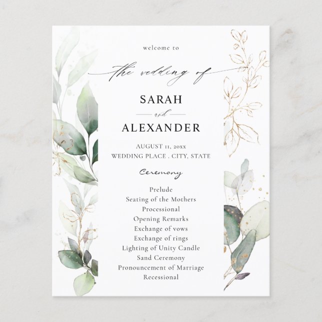 Flyer Eucalyptus Glow Cerimônia de Casamento Dourado (Frente)