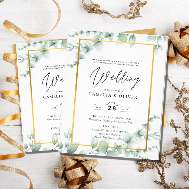 Flyer Eucalyptus Greenery Casamento QR CÓDIGO Moderno Or (Criador carregado)