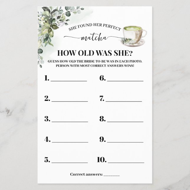 Flyer Eucalyptus Matcha How old was She Shower Game Card (Frente)
