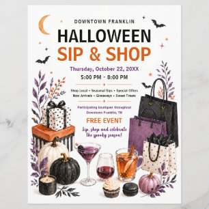 Flyer Evento de Compras e Degustação de Halloween Sip &