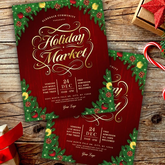 Flyer Evento de Mercado de Natal Rústico Vermelho e Dour (Criador carregado)
