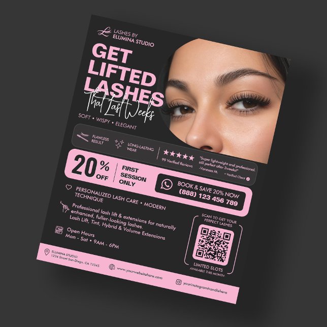 Flyer Extensões de Levantamento de Cílios Tech Aesthetic (Lash Tech Lift Extensions Aesthetic Pink Black Flyer
)