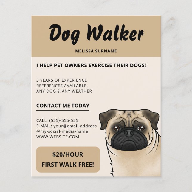 Flyer Fawn Pug Beige Dog Walker Cachorro Caminhando Serv (Frente)