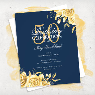 Flyer Festa de aniversário Floral Elegante Dourado e Mar