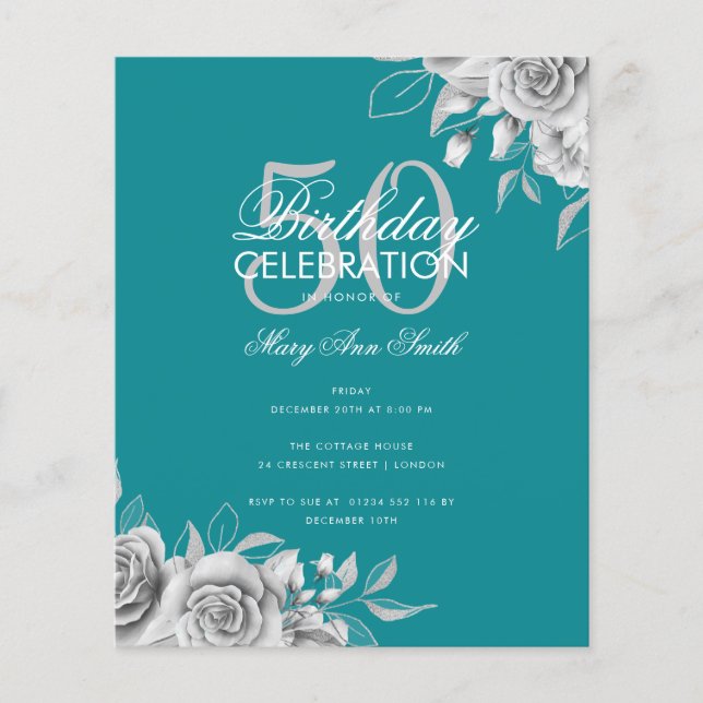 Flyer Festa de aniversário Floral Silver & Teal (Frente)