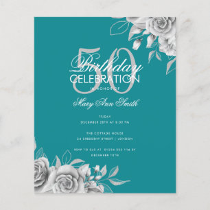 Flyer Festa de aniversário Floral Silver & Teal