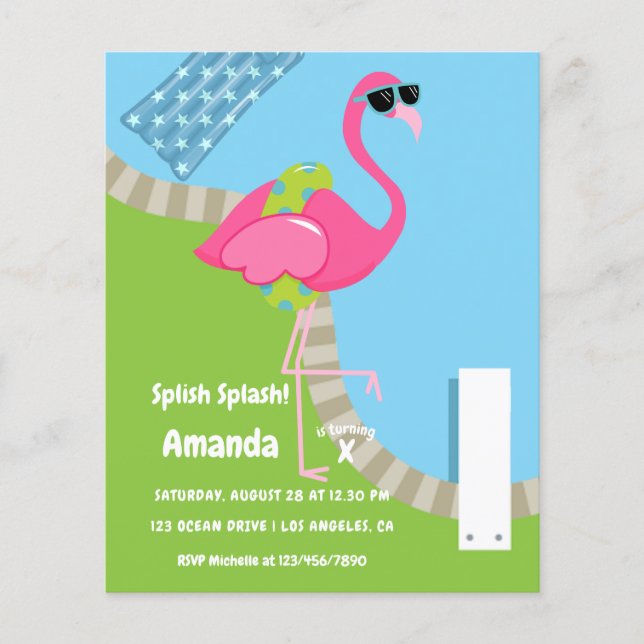 Flyer Festa de Aniversário Infantil Flamingo Verão Splis (Frente)