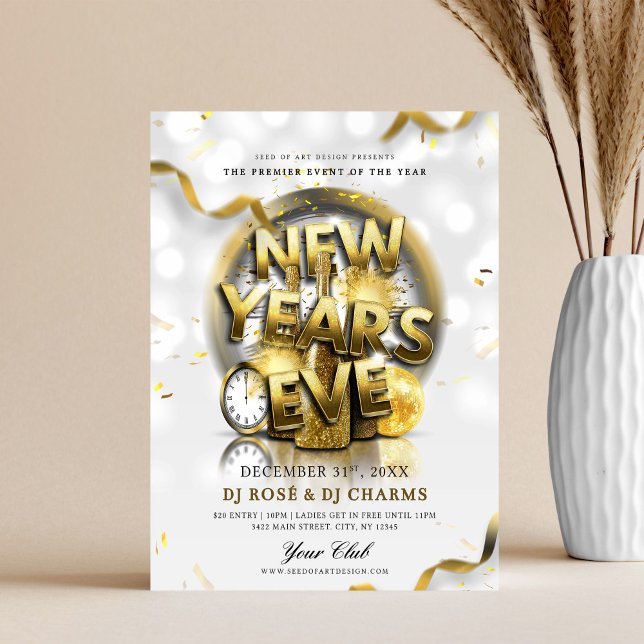 Flyer Festa de Clube de Ano Novo Branco e Dourado (Criador carregado)